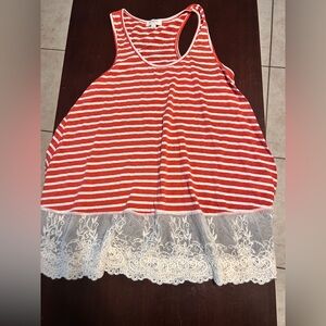 Umgee Red and White Striped Tank Top with Lace Hem